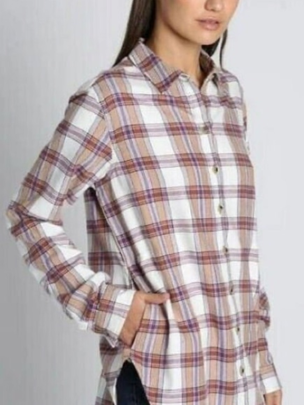 Jachs Girlfriend Plaid Shirt in White, Tan & Purple